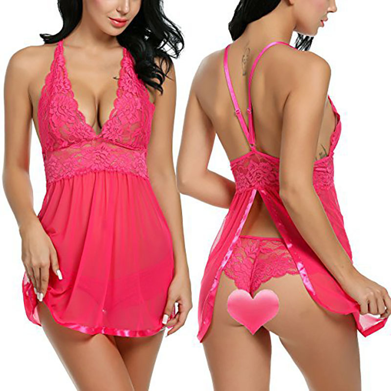 Women V-Neck Lace Babydoll Mesh Chemise Coral