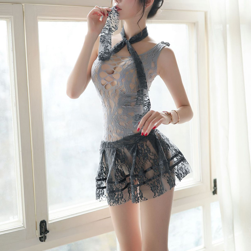 Women Chemises Lace Lingerie Mini Dress with Necklace