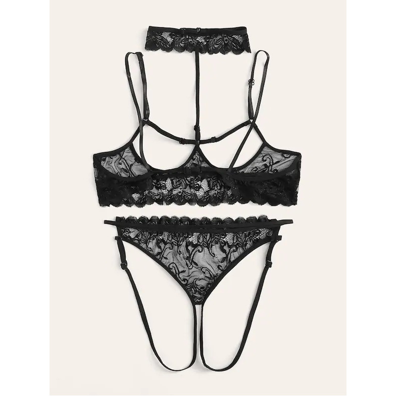 Floral Lace Bra and Panty Lingerie Set with Choker