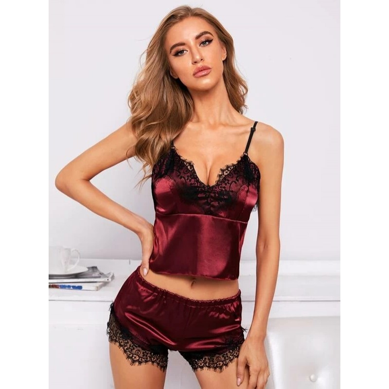 Sexy Pajama Set Lace Trim Bralette and Short Set Burgundy