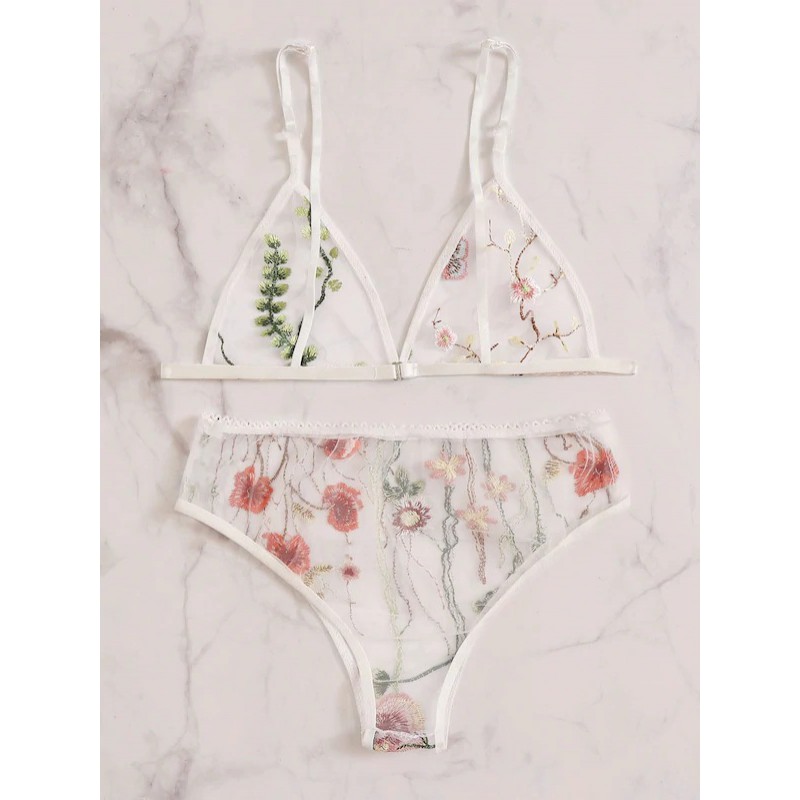 Mesh Flower Applique Bra and Panty Sexy Lingerie Set