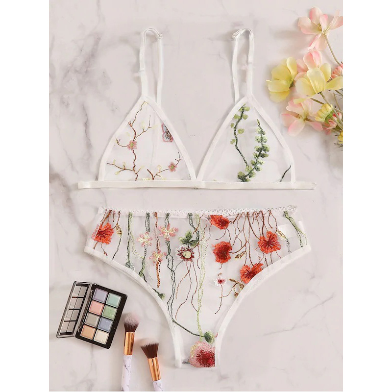 Mesh Flower Applique Bra and Panty Sexy Lingerie Set