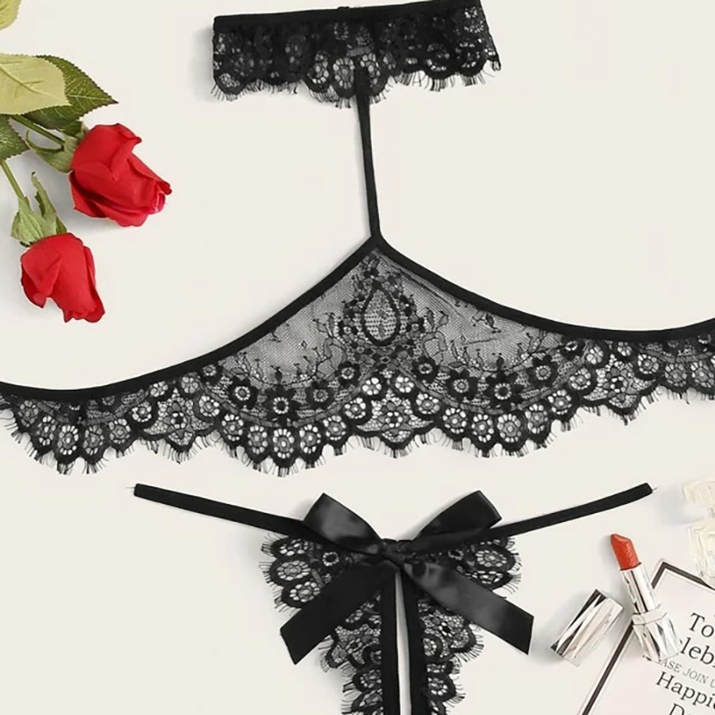 Sexy Halter Lace Bra and Crotchless Panty Set Black