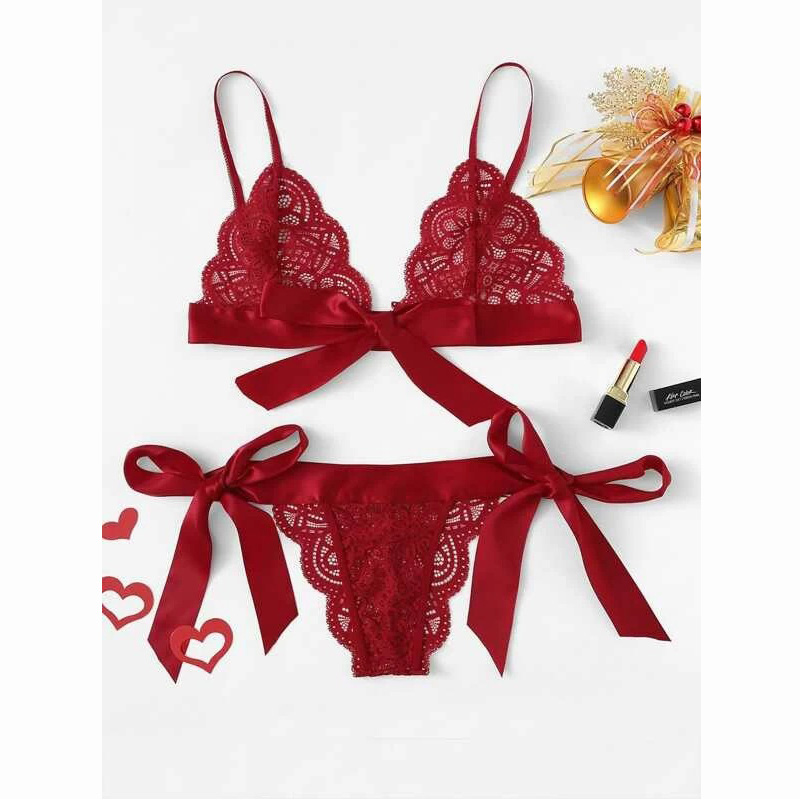 Sexy Scalloped Trim Self Tie Panty Lace Lingerie Set Red