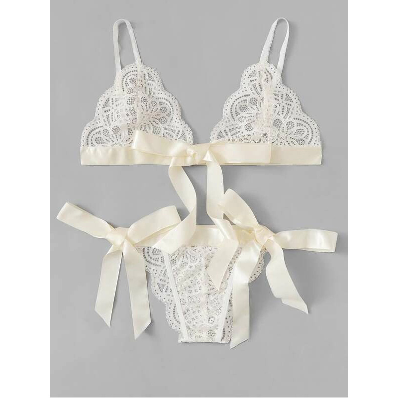 Sexy Scalloped Trim Self Tie Panty Lace Lingerie Set White