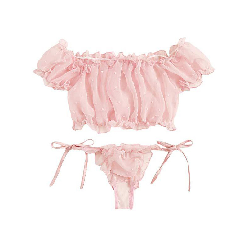 Self Tie Ruffle Trim Dobby Mesh Sexy Bra and Panty Set Pink