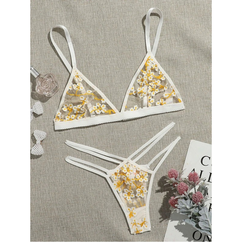 Floral Mesh Bra and Panty 2 Piece Lingerie Set Yellow