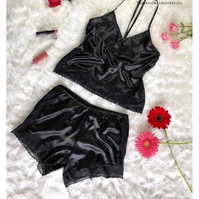 Sexy Lingerie Satin Sleepwear Cami Shorts Set Black