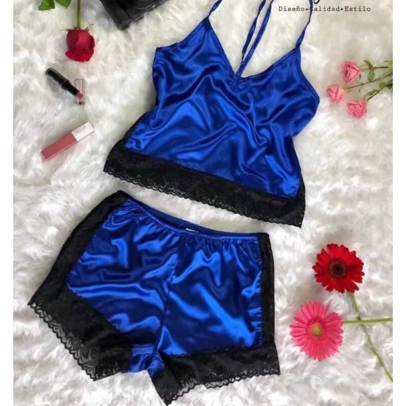 Sexy Lingerie Satin Sleepwear Cami Shorts Set Blue