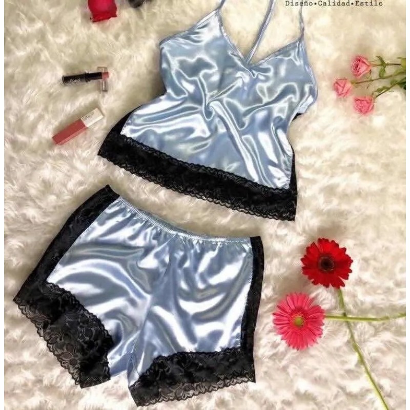 Sexy Lingerie Satin Sleepwear Cami Shorts Set Light Blue