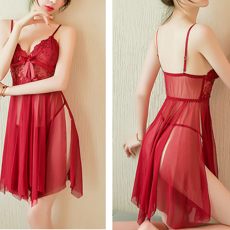 Sexy Side Slit Babydoll Nightgown Dress Set Red