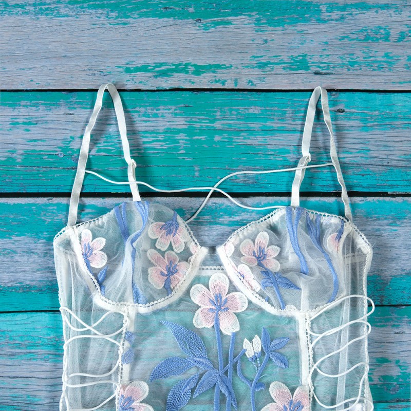 Floral Embroidered Sheer Mesh Lingerie Teddy Bodysuit Blue