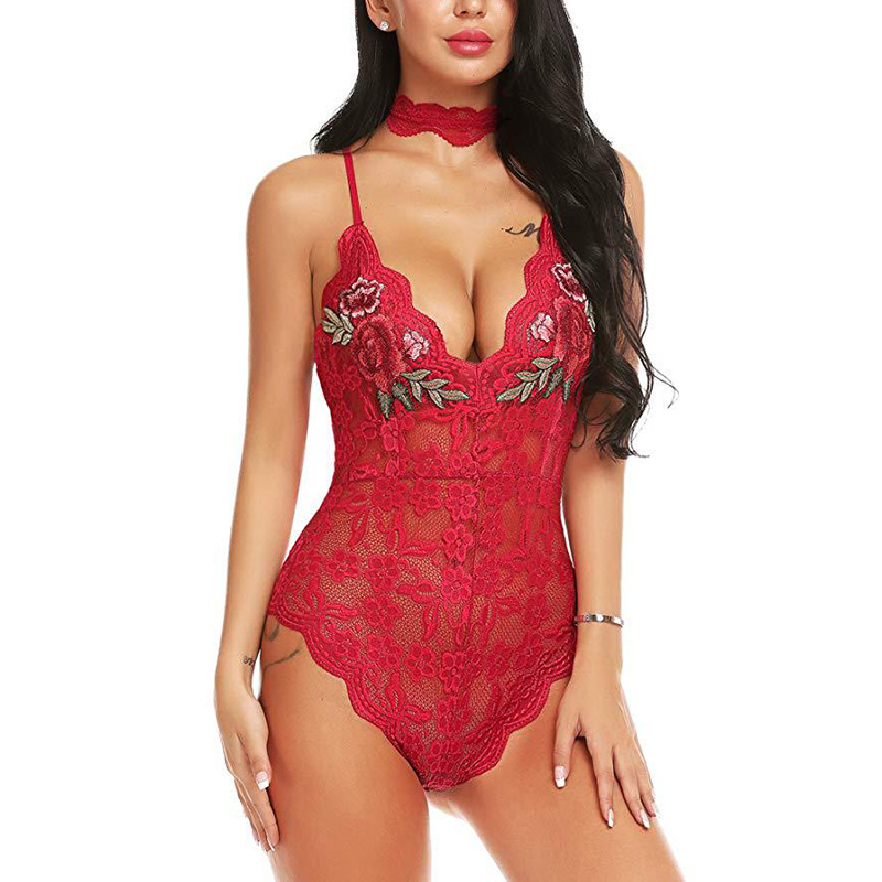 Sexy Lingerie Lace Edge Halter Deep V Bodysuit Red